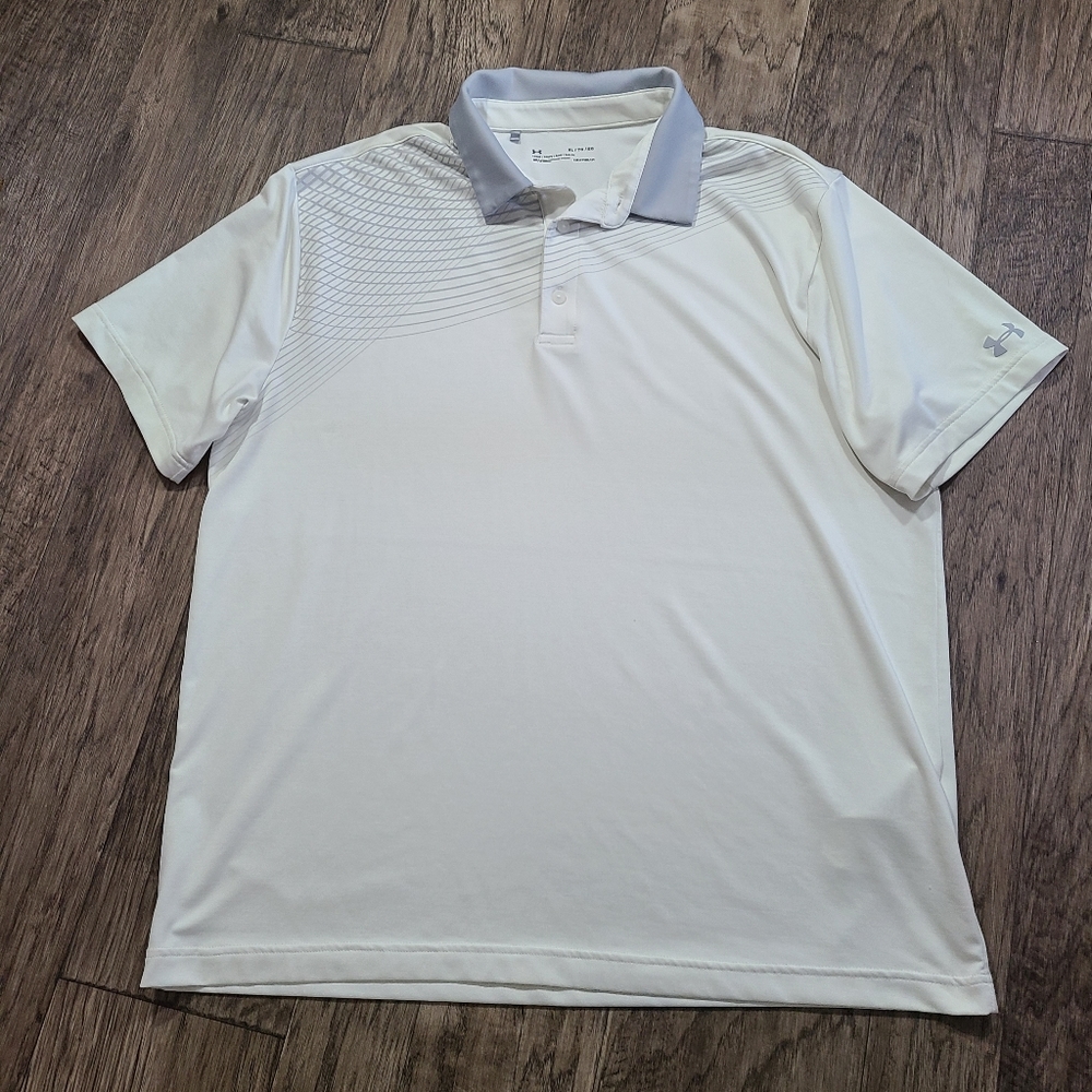 Under Armour heat gear White and Gray 2 button polo golf shirt Men XL Loose fit